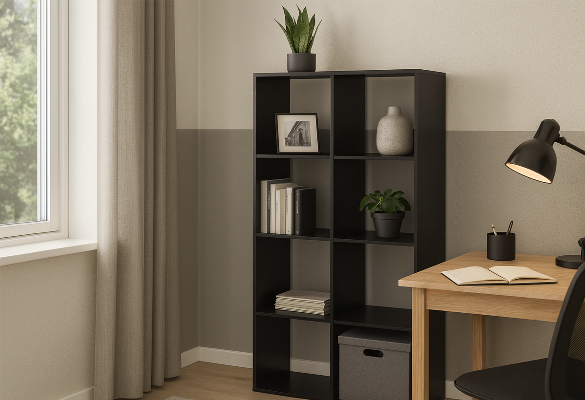 Απεικονίζεται η βιβλιοθήκη σε ένα σαλόνι.